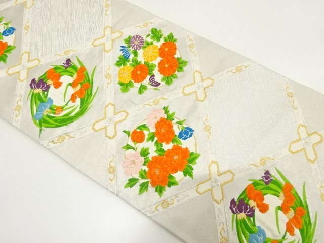 JAPANESE KIMONO / ANTIQUE FUKURO OBI / WOVEN FLOWER ROUNDEL